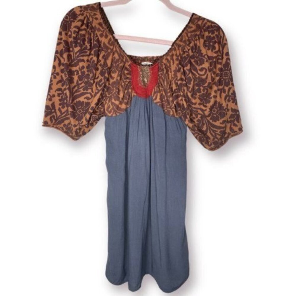Scrapbook Originals Size M Brown Gray Red Puff Sleeve Modal Boho Baroque Dress